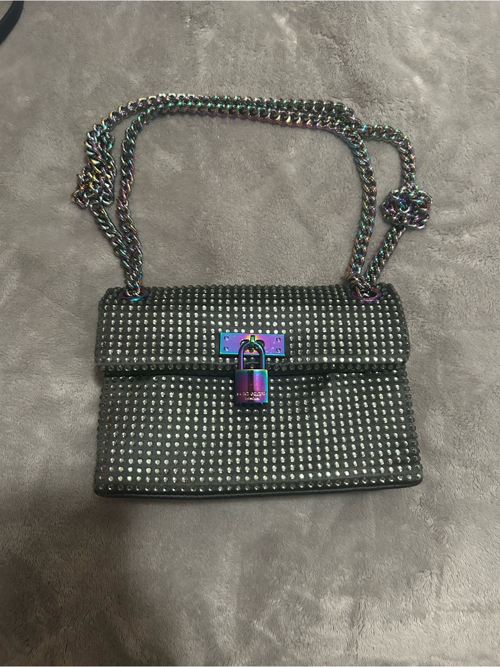 Kurt Geiger Black Studded Shoulder Bag with Iridescent Chain